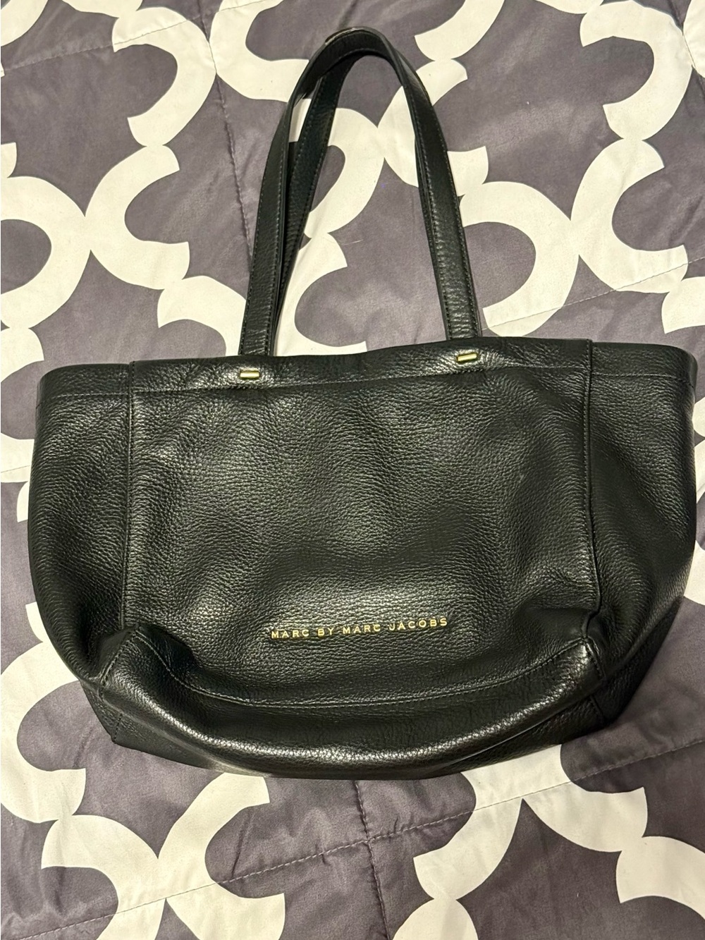 Marc by Marc Jacobs Black Pebbled Leather Shoulder Tote with Gold Logo